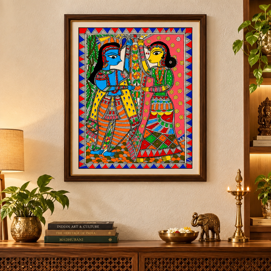 Radha Krishna - Madhubani Painting - view 2, handmade Madhubani painting from India