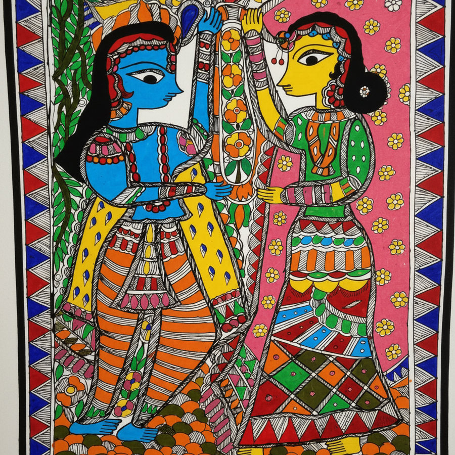 Radha Krishna - Madhubani Painting - view 3, handmade Madhubani painting from India