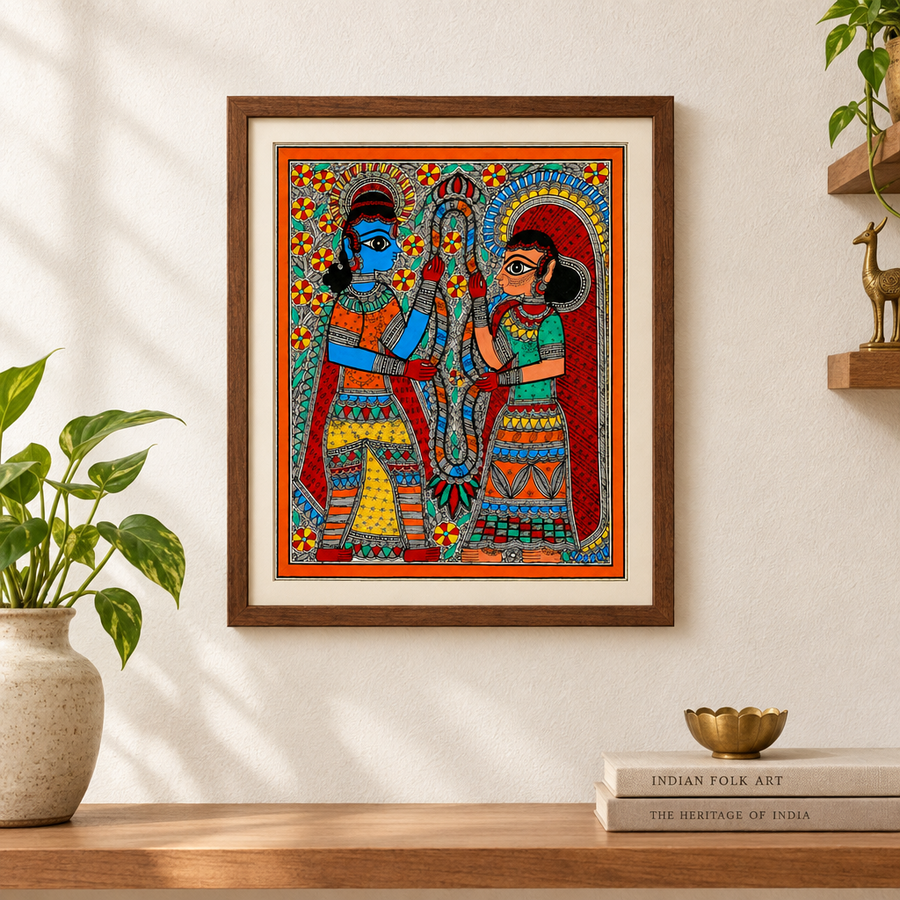 Radha Krishna Mala Milan - Madhubani Painting, handmade Madhubani painting from India