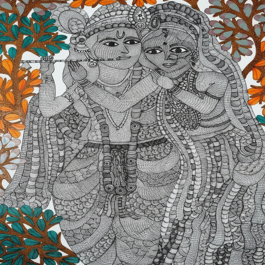 Radha Krishna & Flowering Tree – Gond Paper Painting