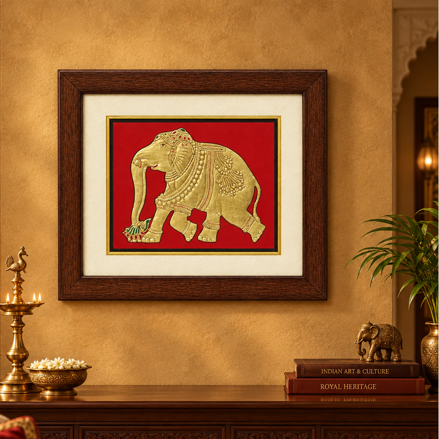 Royal Golden Elephant - Mysore Painting, handmade Mysore painting from India