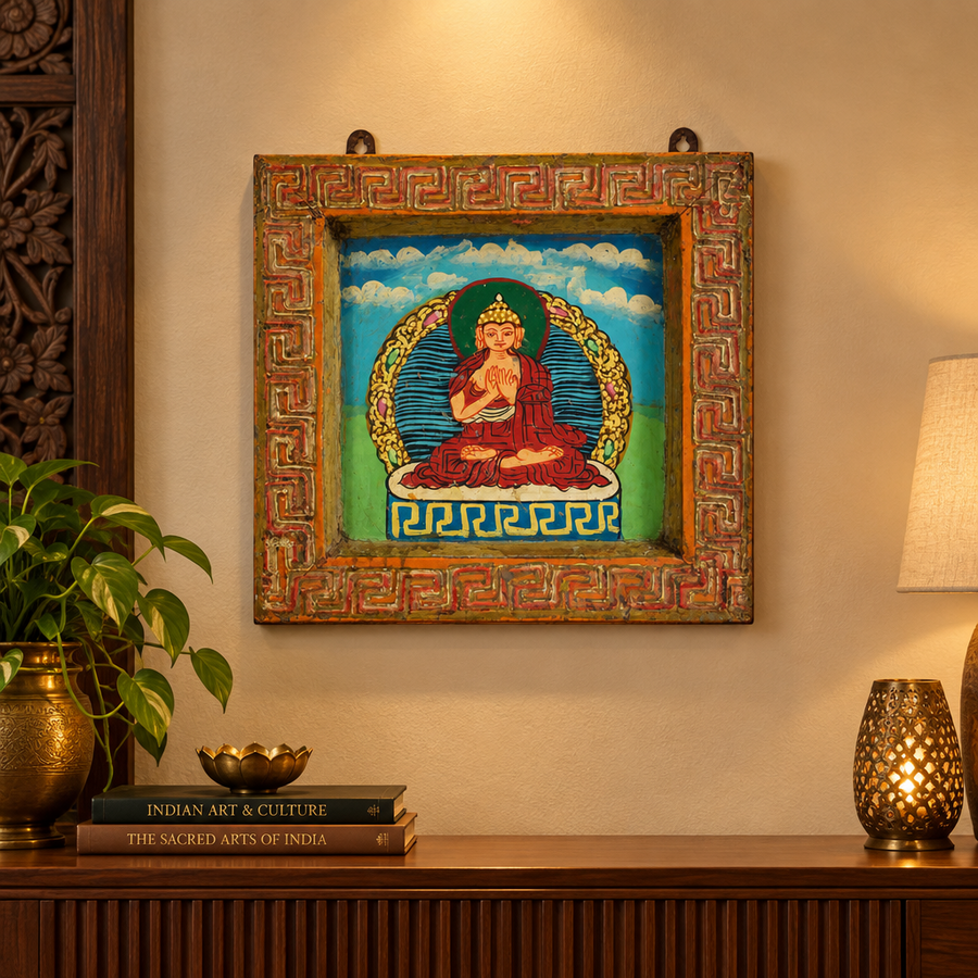 Sacred Buddha - Tibetan Hand-Painted Wall Hanging, handmade Tibetan wall hanging from India