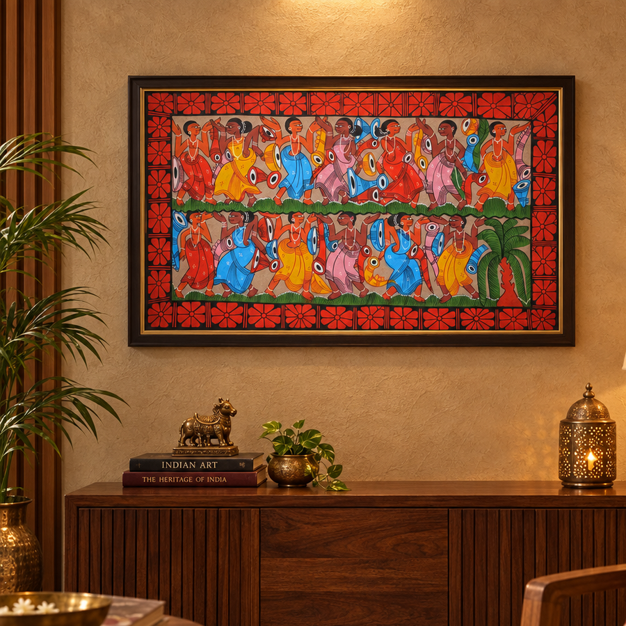 Santhal Dance - Kalighat Painting - view 3, handmade Kalighat folk painting from India