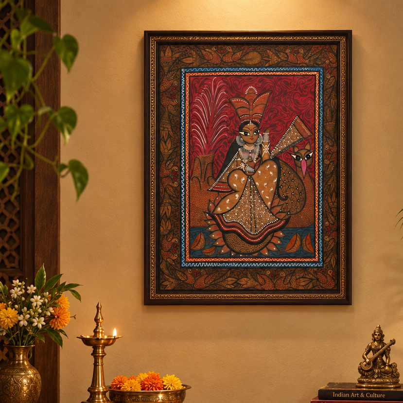 Saraswati Ji - Kalighat Painting, handmade Kalighat folk painting from India