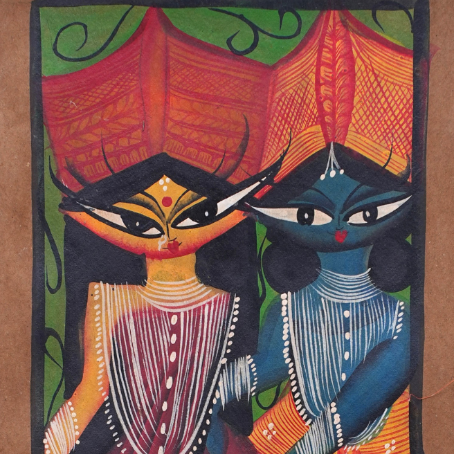 Shri Hari Lakshmi - Kalighat Painting - view 3, handmade Kalighat folk painting from India