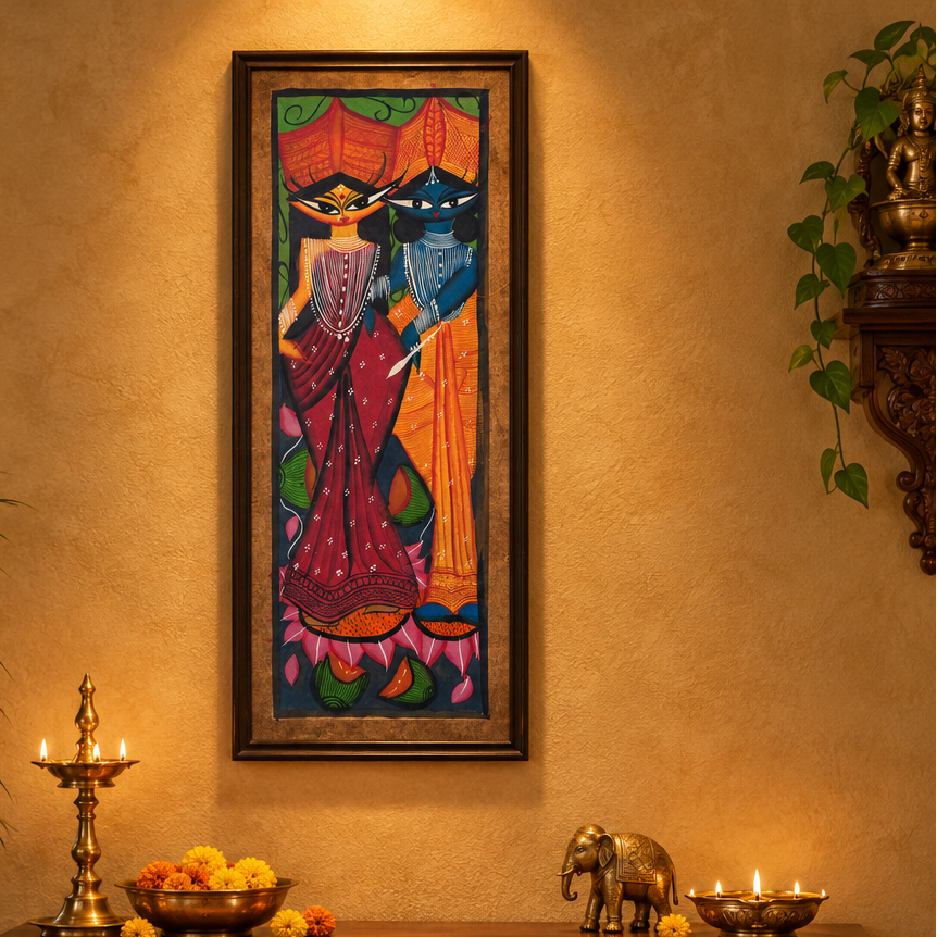 Shri Hari Lakshmi - Kalighat Painting, handmade Kalighat folk painting from India