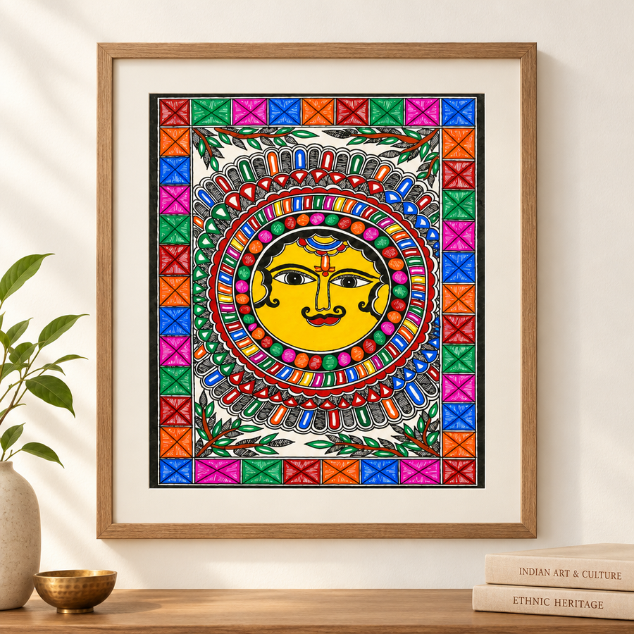 Surya Dev - Madhubani Painting, handmade Madhubani painting from India