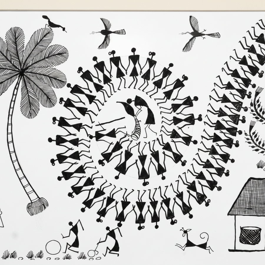 Tarpa Dance - Warli Paper Painting - view 2, handmade Warli folk painting from India