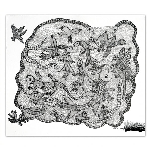 Pond with Snakes & Fish – Gond Paper Painting