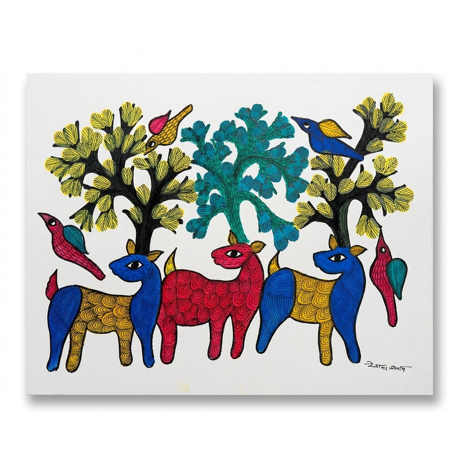 Deer and Woodland – Gond Paper Painting