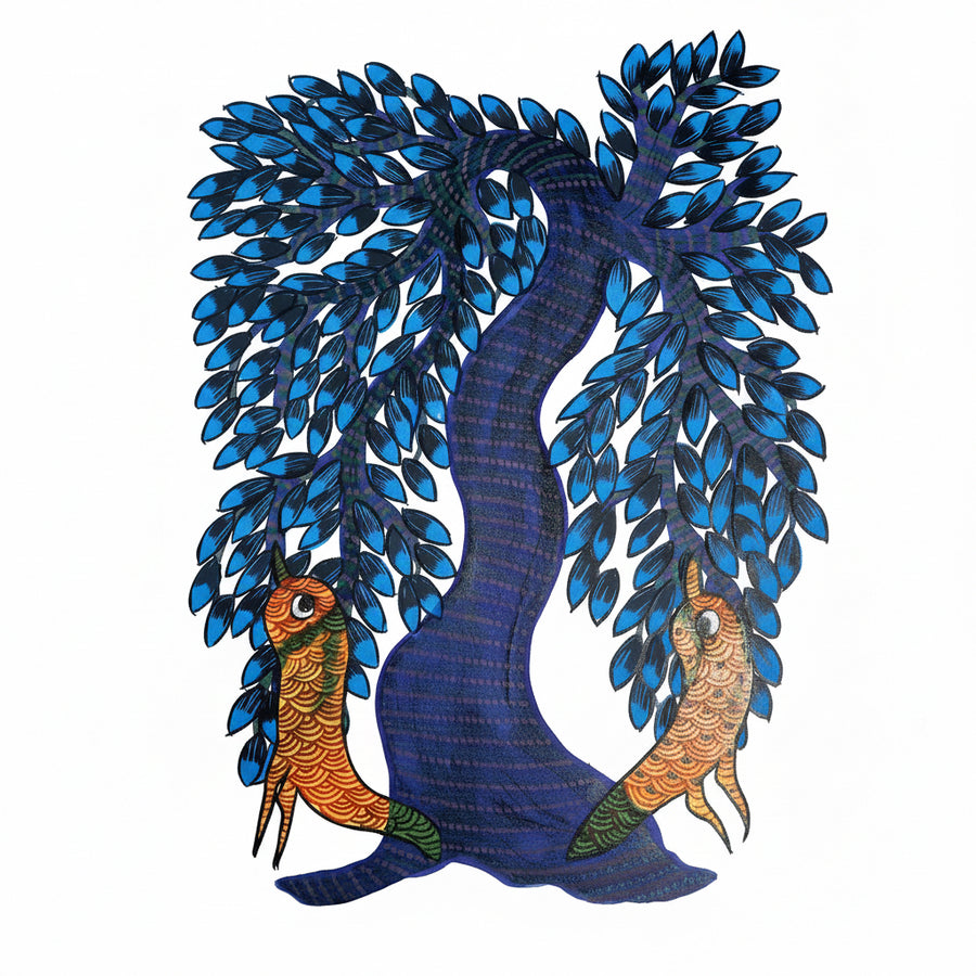 Two Birds and the Tree – Gond Paper Painting