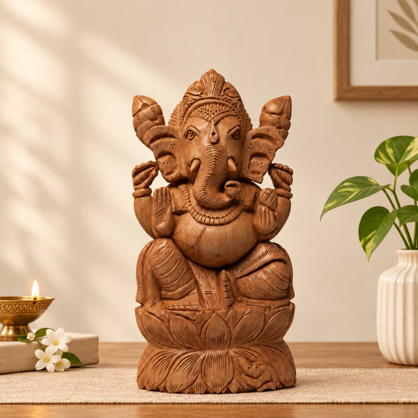 Divine Lord Ganesha - Wooden Carved Sculpture, hand carved wooden art from India