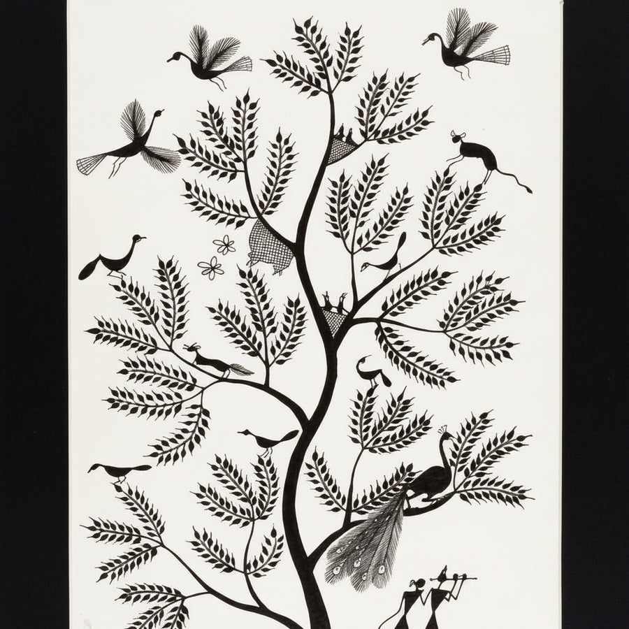 The Melody of Krishna's Flute - Warli Paper Painting - view 2, handmade Warli folk painting from India