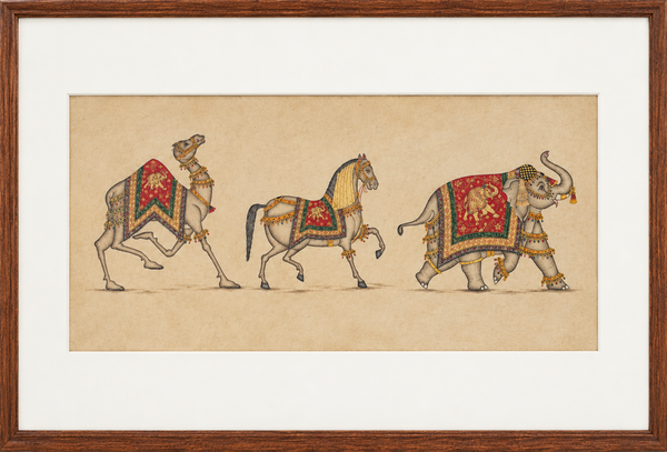 The Royal Procession of Regal Animals - Rajasthani Miniature Painting (with wooden frame), handmade Rajasthani miniature painting from India