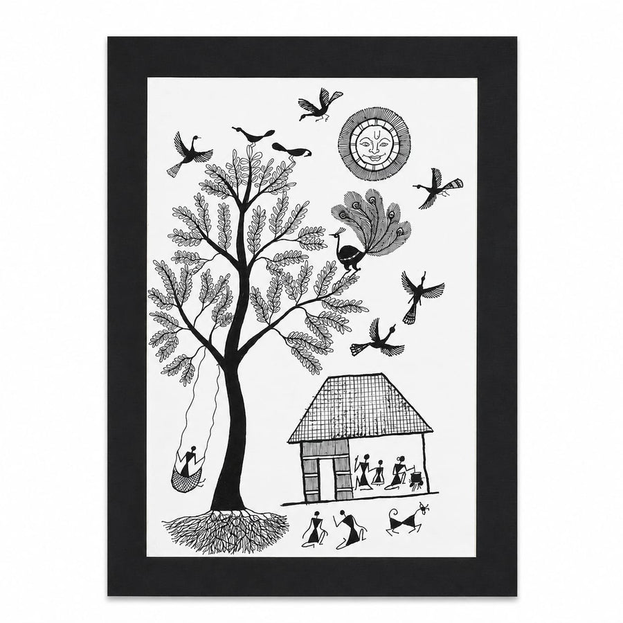 The Spirit of Village Life - Warli Paper Painting, handmade Warli folk painting from India