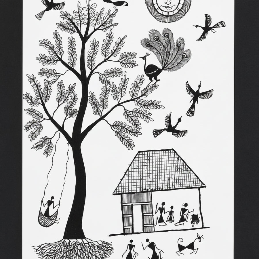 The Spirit of Village Life - Warli Paper Painting - view 2, handmade Warli folk painting from India