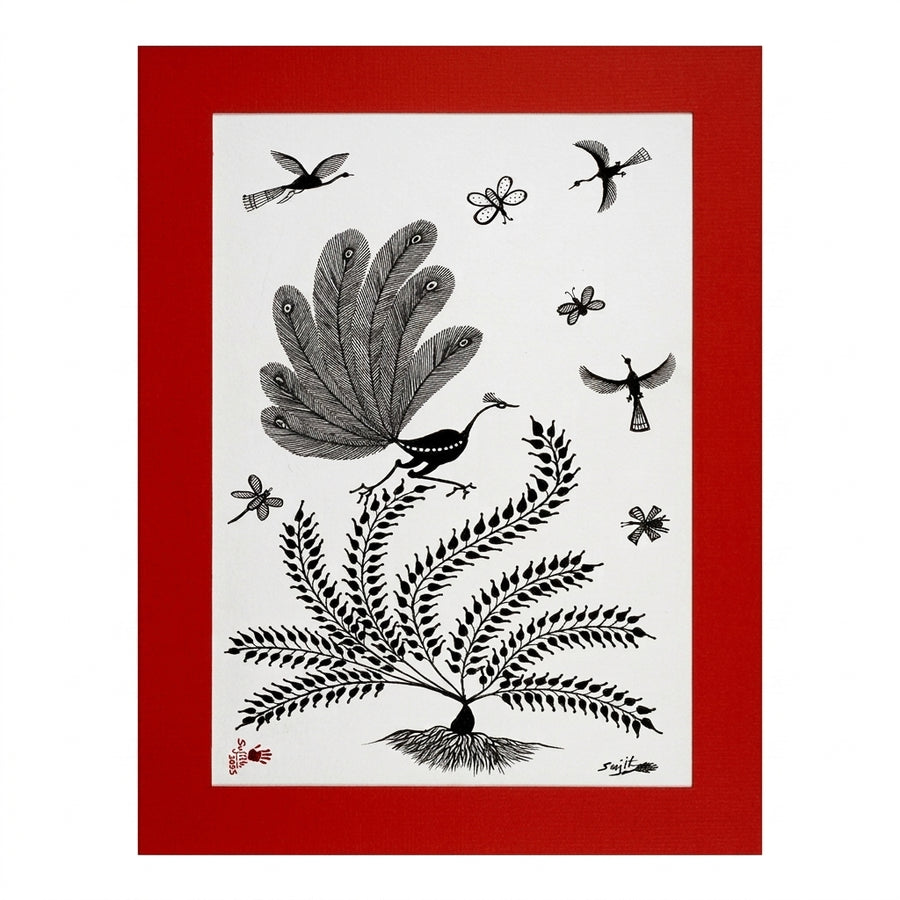 The Tree of Dancing Wings - Warli Paper Painting, handmade Warli folk painting from India