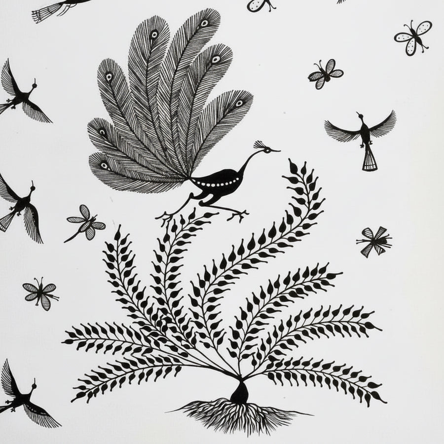 The Tree of Dancing Wings - Warli Paper Painting - view 2, handmade Warli folk painting from India