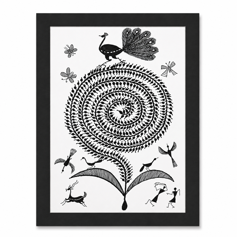 The Tree of Life - Warli Paper Painting, handmade Warli folk painting from India