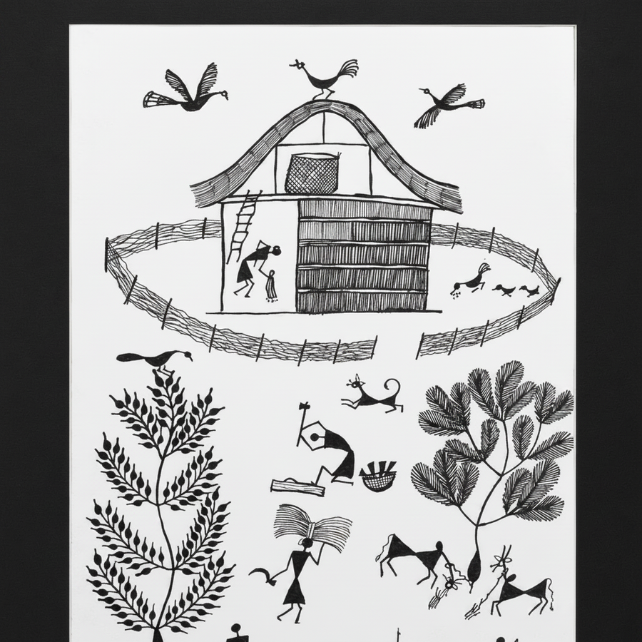 The Village Chronicle - Warli Paper Painting - view 2, handmade Warli folk painting from India