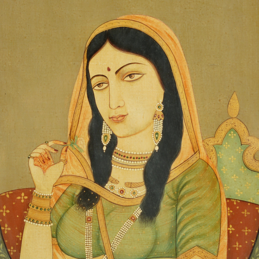 Traditional Rajput Princess - Antique Rajasthani Miniature Painting - view 3, handmade Rajasthani miniature painting from India
