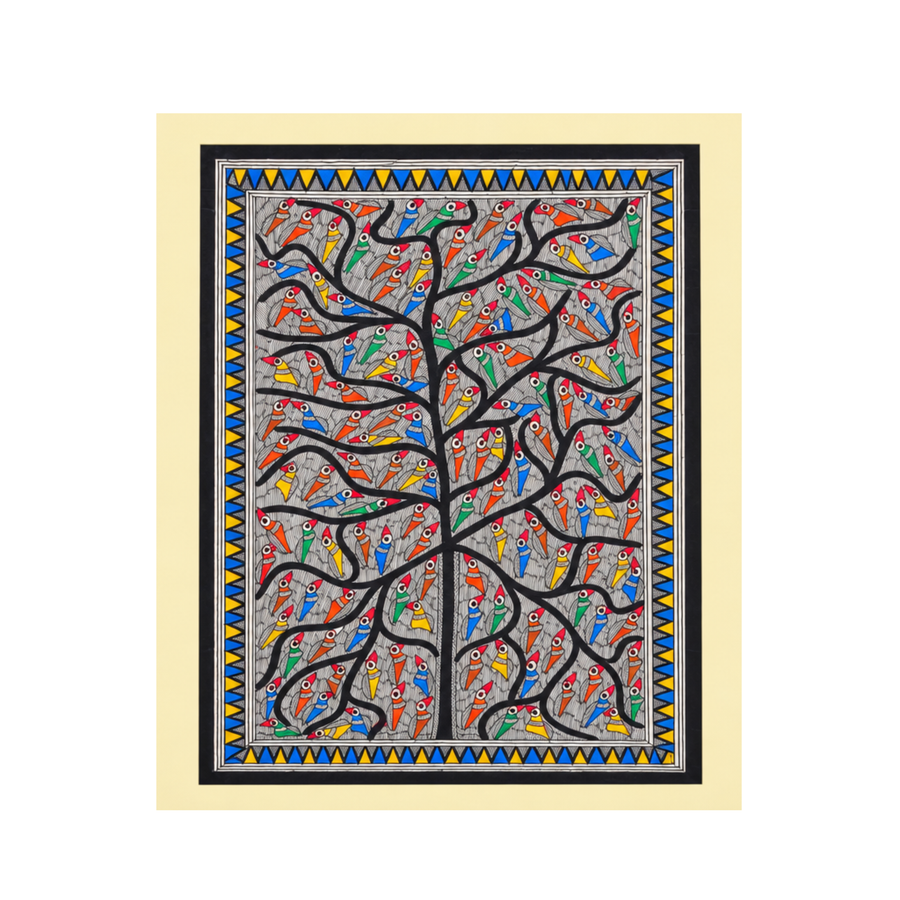 Tree of Colorful Birds - Madhubani Painting - view 2, handmade Madhubani painting from India