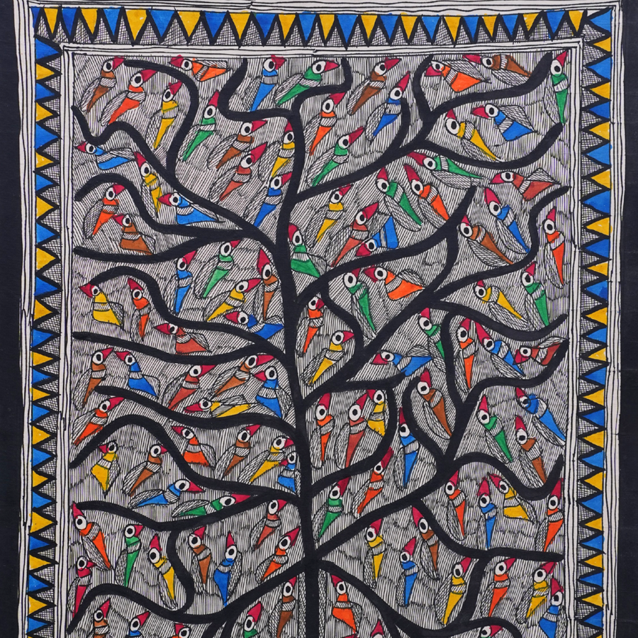 Tree of Colorful Birds - Madhubani Painting - view 4, handmade Madhubani painting from India