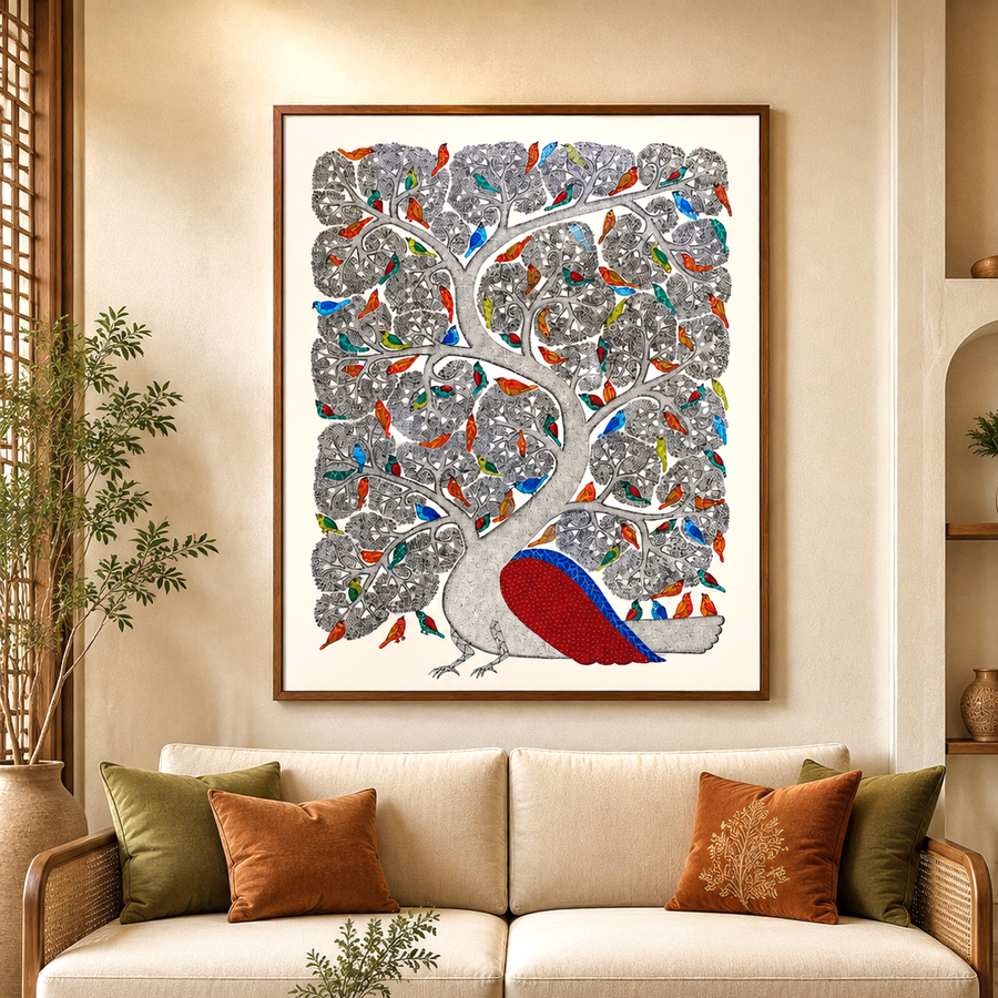 Tree of Colorful Companions - Gond Painting, handmade Gond folk painting from India