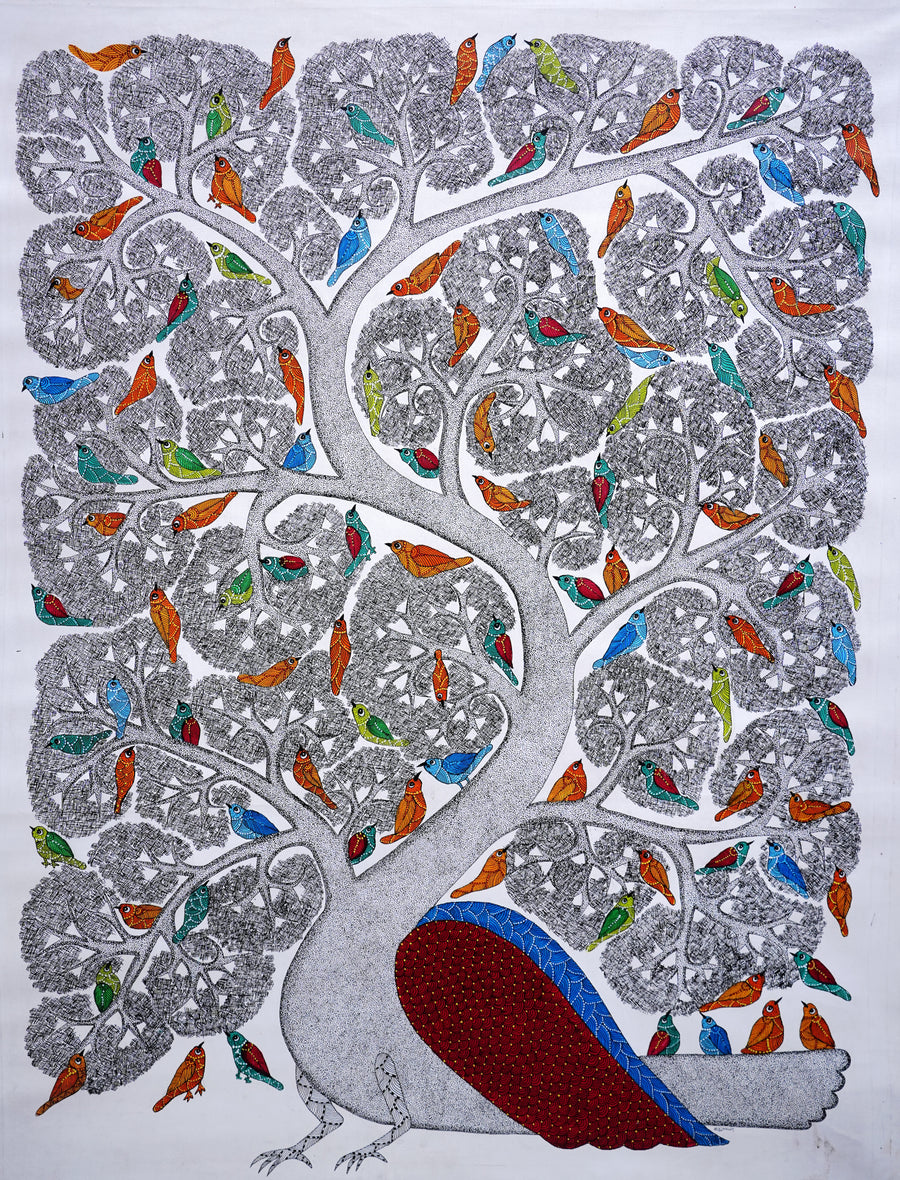Tree of Colorful Companions - Gond Painting - view 3, handmade Gond folk painting from India