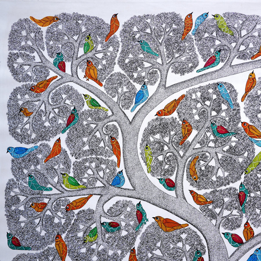 Tree of Colorful Companions - Gond Painting - view 4, handmade Gond folk painting from India