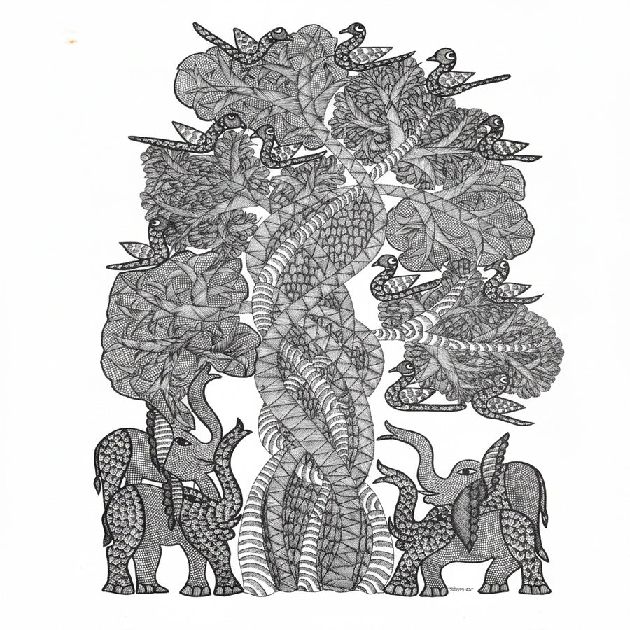 Elephants, Birds & Tree – Gond Paper Painting