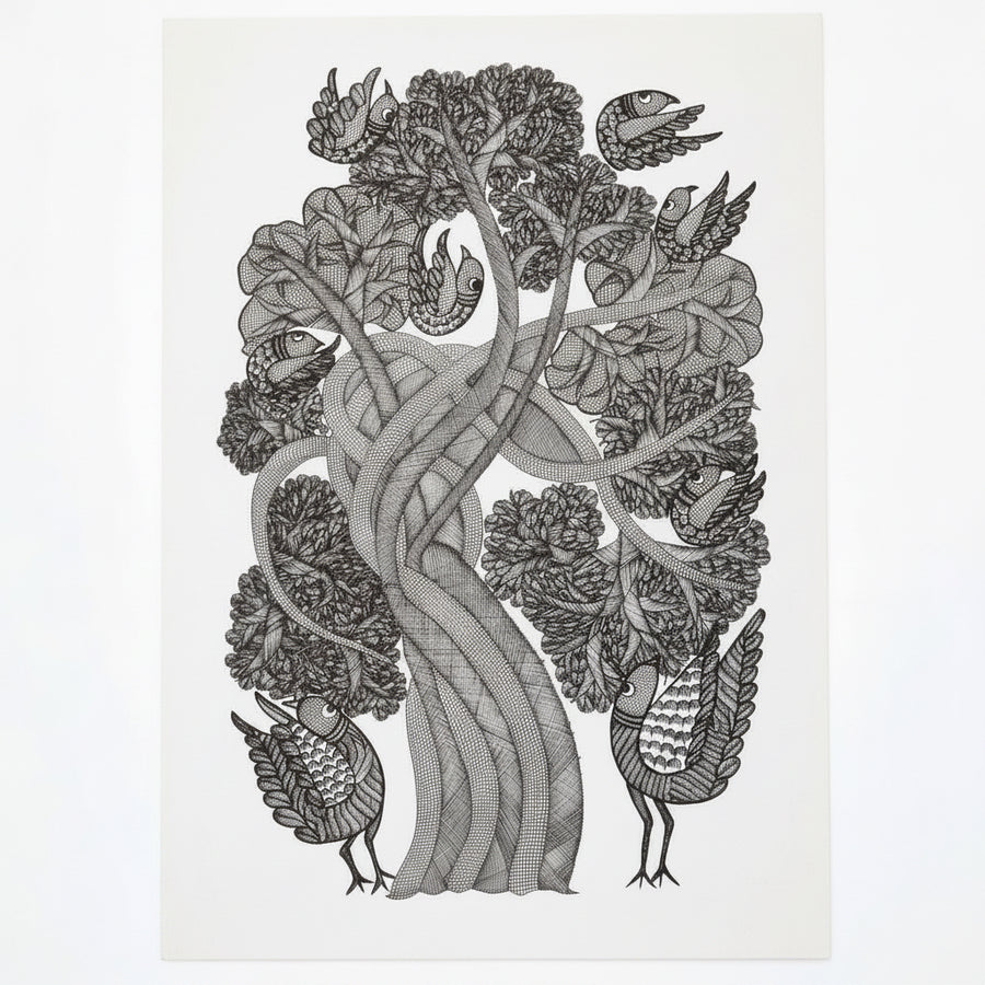 Bird on the Tree of Life – Gond Paper Painting