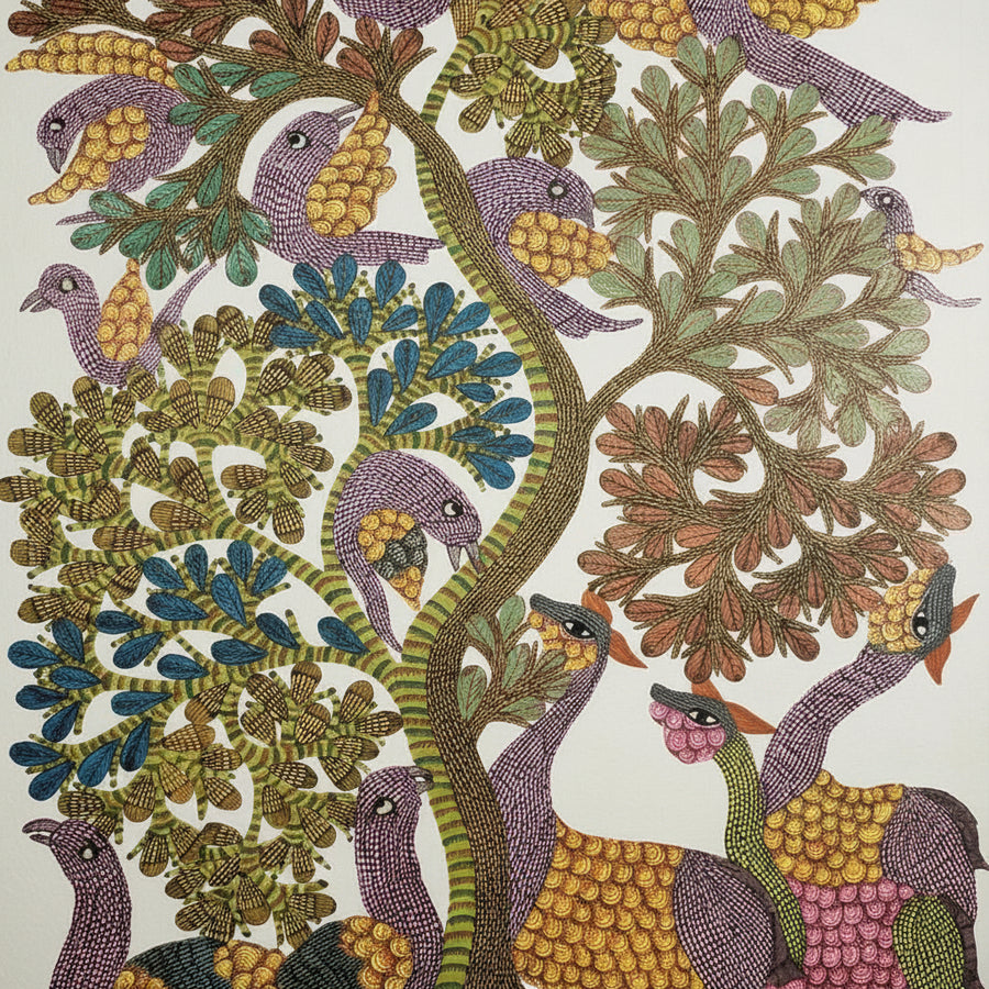 Birds and Deer – Gond Paper Painting