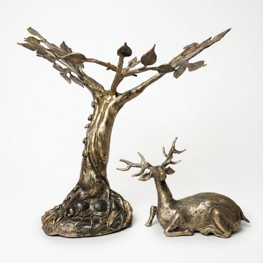 Sitting Deer Near the Tree (Dhokra Rock) – Dhokra Metal Art