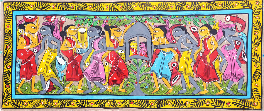 Tribal Wedding - Kalighat Painting - view 2, handmade Kalighat folk painting from India