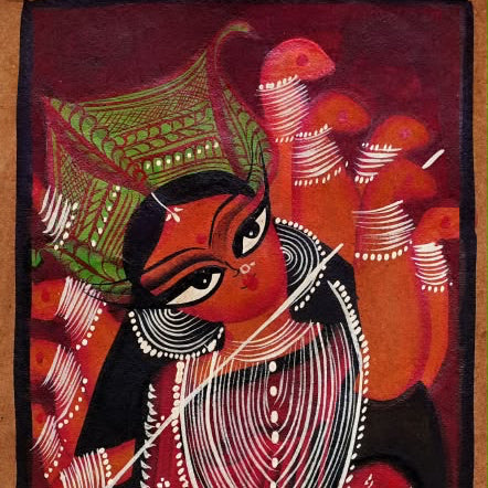 Trishul Dharini - Kalighat Painting - view 2, handmade Kalighat folk painting from India