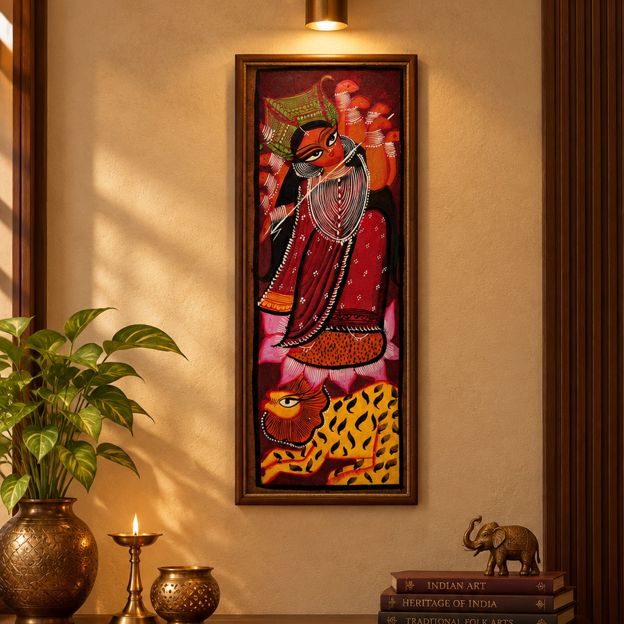 Trishul Dharini - Kalighat Painting, handmade Kalighat folk painting from India