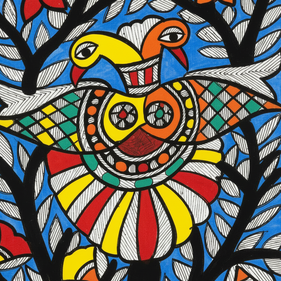 Twin Birds and Tree - Madhubani Painting - view 3, handmade Madhubani painting from India