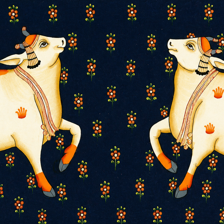Twin Kamdhenu Grace - Pichwai Painting - view 2, handmade pichwai painting from India