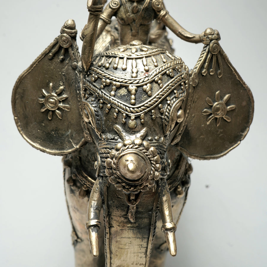 Two Men on Elephant Statue (Heavy) - Dhokra Metal Art - view 4, handmade tribal brass sculpture from India