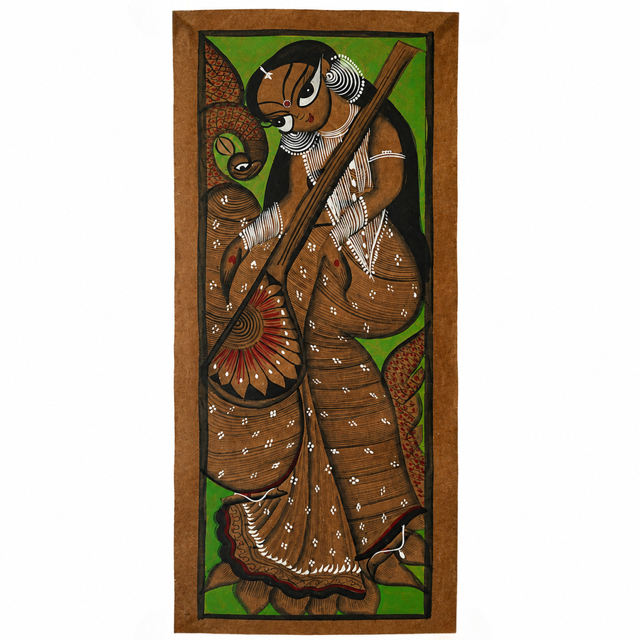 Veena Vahini - Kalighat Painting, handmade Kalighat folk painting from India