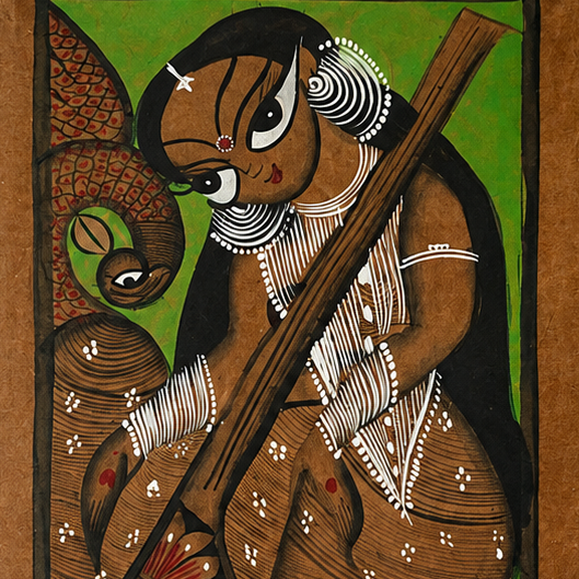 Veena Vahini - Kalighat Painting - view 2, handmade Kalighat folk painting from India