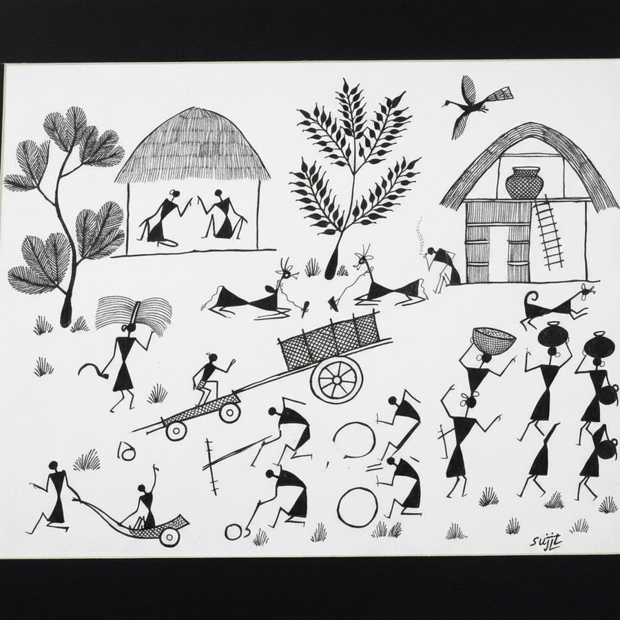 Village Life - Warli Paper Painting - view 2, handmade Warli folk painting from India