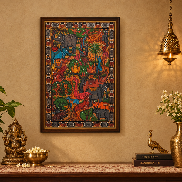 Wildlife - Kalighat Painting with frame, handmade Kalighat folk painting from India