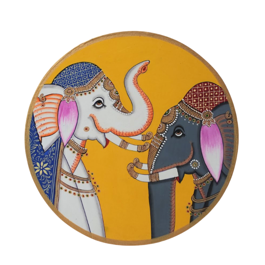 Wooden Wall Two Elephants - Pichwai Painting, handmade pichwai painting from India
