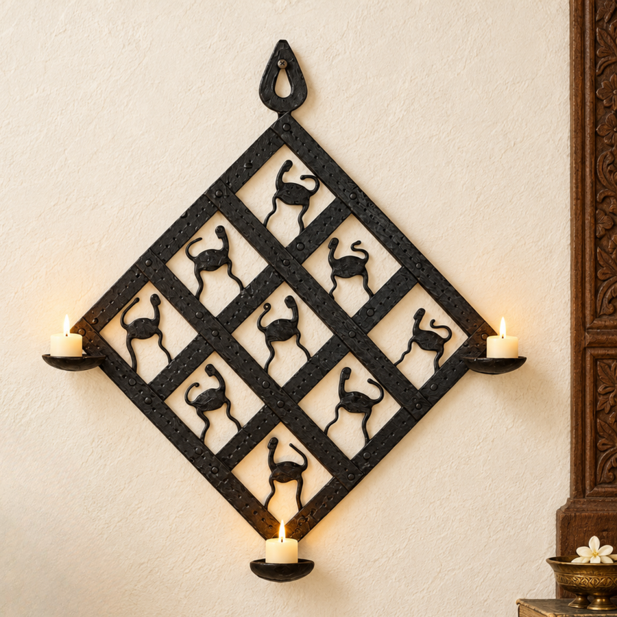 Wrought Iron Candle Stand Wall Hanging - Tribal Art - view 2, handmade Bastar wrought iron art from India