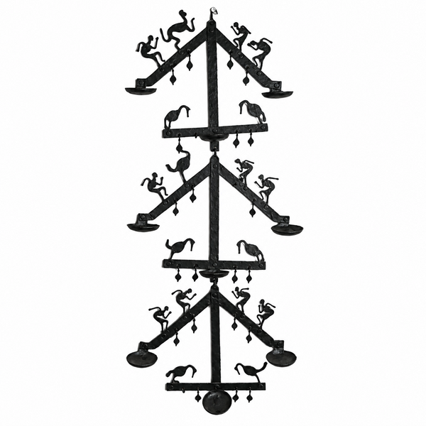 Wrought Iron Decorative Wall Hanging with Candle Stand - Tribal Art, handmade Bastar wrought iron art from India
