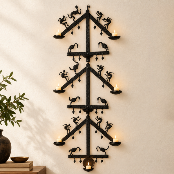 Wrought Iron Decorative Wall Hanging with Candle Stand - Tribal Art - view 2, handmade Bastar wrought iron art from India