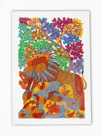 Lion and Birds – Gond Paper Painting