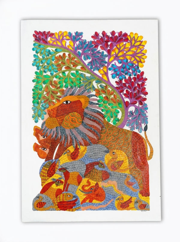 Lion and Birds – Gond Paper Painting